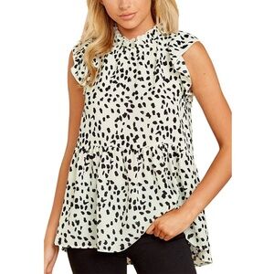 Angashion Casual Floral Print Babydoll Blouse Tunic Top in White, Size Medium